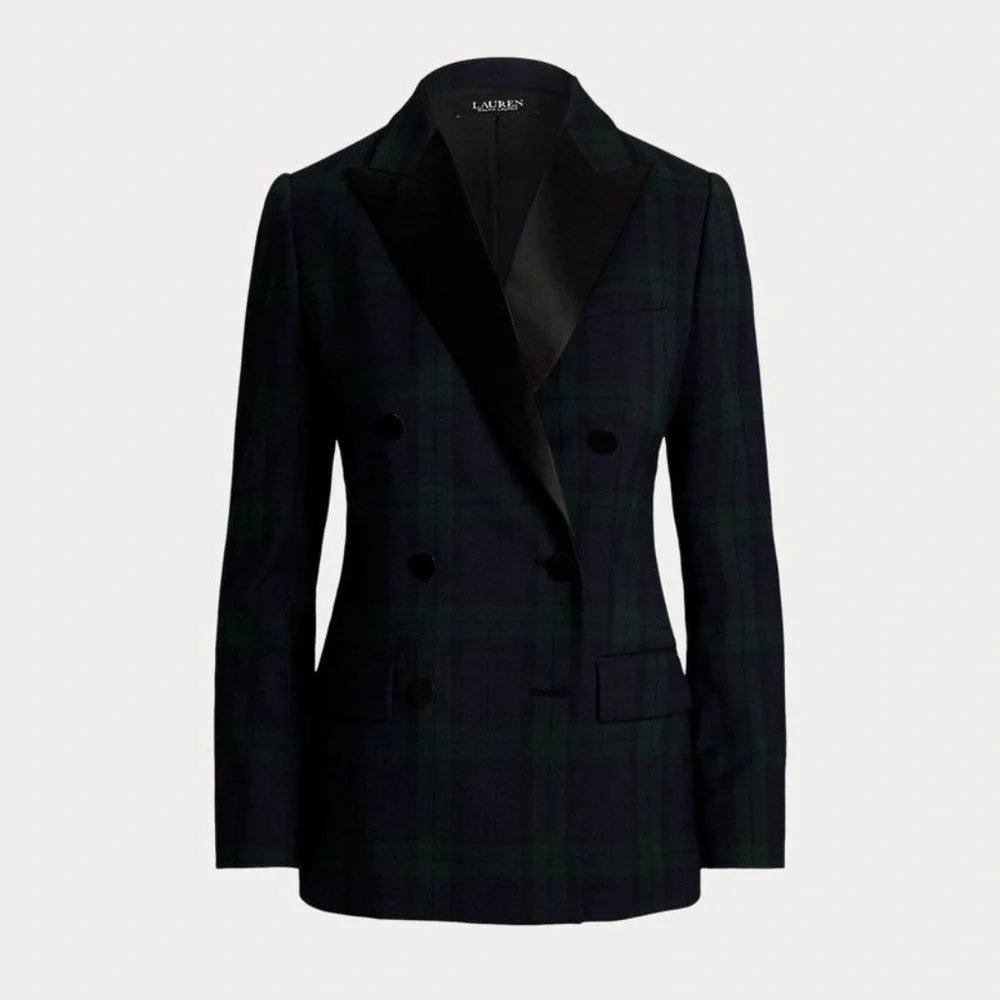 Ralph Lauren Plaid Double Breasted Satin Wool Tuxedo Blazer Green/Navy/Black 22W - Picture 2 of 14